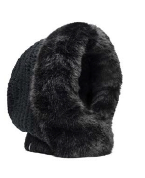 Muffy - Faux fur and knit hood - BLACK – Acrylic and faux fur Chunky knit faux fur hood. Nobis suede wrap label branding.