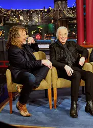 Led Zeppelin band members Robert Plant, Jimmy Page and John Paul Jones share a laugh with Late Show host David Letterman oduring Monday's 12/3 show taping in New York. Photo: John Paul Filo/CBS ©2012 CBS Broadcasting Inc. All Rights Reserved
