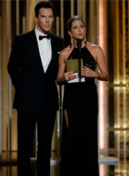 January 11, 2015 72nd Annual Golden Globe Awards - Pictured: (l-r) Benedict Cumberbatch, Jennifer Aniston, Presenters at the 72nd Annual Golden Globe Awards held at the Beverly Hilton Hotel on January 11, 2015 -- (Photo by: Paul Drinkwater/NBC) Sunday, January 11, 2015 (LIVE 5-8 p.m. PT/8-11 p.m. ET) 2015 NBC Universal Media, LLC