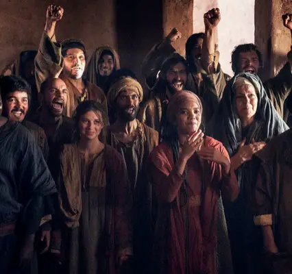 A.D. THE BIBLE CONTINUES -- "The Wrath" Episode 104 Pictured: (l-r) Denver Isaac as James, Babou Ceesay as John, Pedro Lloyd Gardiner as Matthew, Fraser Ayres as Simon the Zealot, Helen Daniels as Maya, Chipo Chung as Mother Mary, Reece Ritchie as.Stephen -- (Photo by: Joe Alblas/Lightworkers Media/NBC)  Sundays on NBC (9-10 p.m. ET)