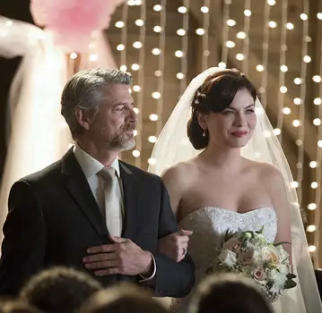 Vampire Wedding On The Vampire Diaries - Pictured (L-R): Christopher Cousins as Joshua (Jo's dad) &d Jodi Lyn O'Keefe as Jo - Photo: Bob Mahoney/The CW - © 2015 The CW Network, LLC. All rights reserved. 