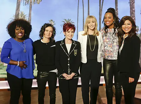 Lisa Kudrow's Hair Aging With Class - "The Talk," March 30, 2016 - CBS . L-R Sheryl Underwood, Sara Gilbert, Lisa Kudrow, Sharon Osbourne, Aisha Tyler &amp; Julie Chen. Photo: Sonja Flemming/CBS ©2016 CBS Broadcasting Inc. All Rights Reserved.